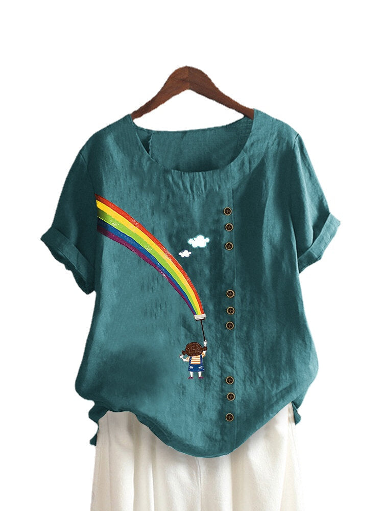 Women Rainbow Print O-neck Short Sleeve Casual T-shirt