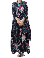 Vintage Floral Print Cotton Loose Maxi Dress with Side Pockets