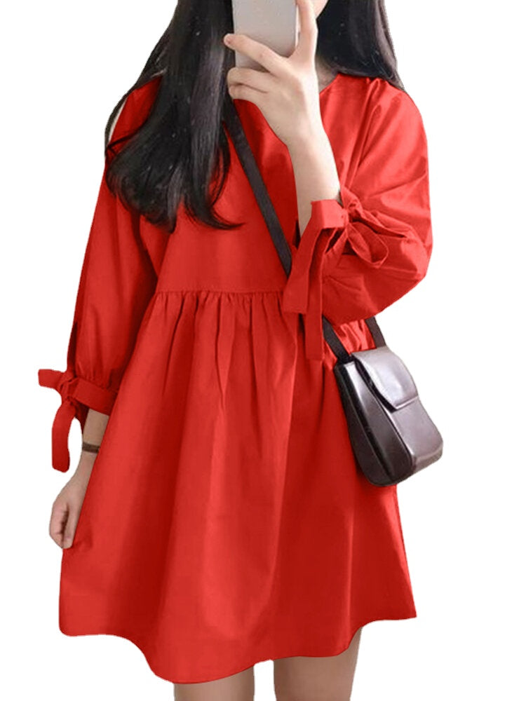 Women Solid Color Pleating Knotted 3/4 Sleeve O-Neck Casual Daily Loose Mini Dress