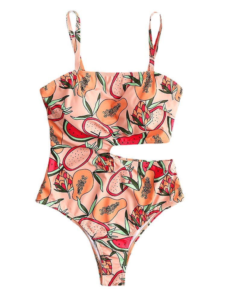 Women Cartoon Fruit Print Cut Out Adjustable Straps One Piece Beach Swimwear