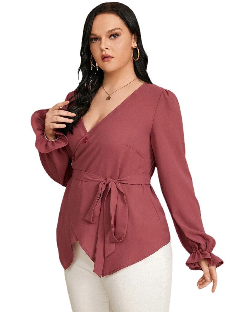 Plus Size V-neck Belt Design Button Design Blouse