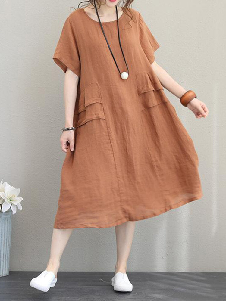 Retro Women Casual Cotton Solid Color Loose Short Sleeve Dress