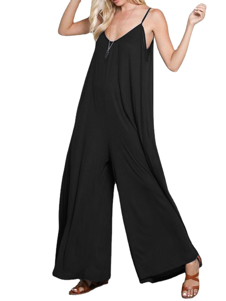 Women Spaghetti Strap Loose Overalls Wide Leg Jumpsuit