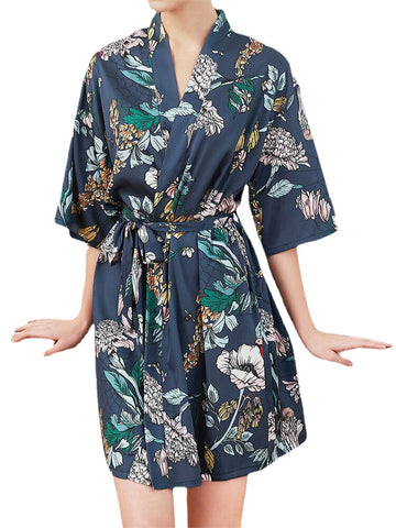 Plus Size Women Floral Print Half Sleeve Faux Silk Smooth Sleepwear Robes