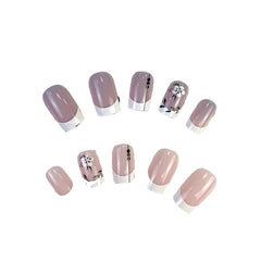 Chic Short Square French Tip Press-On Nails - Romantic Flower Design, High-Gloss Nude Finish, Easy Stick-On Manicure for Women