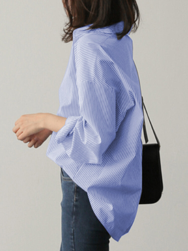 Women Striped Raglan Turn-Down-Collar Workwear Formal Shirt