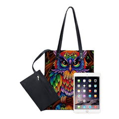 Color Owl Print Pattern Leather Tote Sticker Shoulder Handbag Tote With Built-in Small Bag