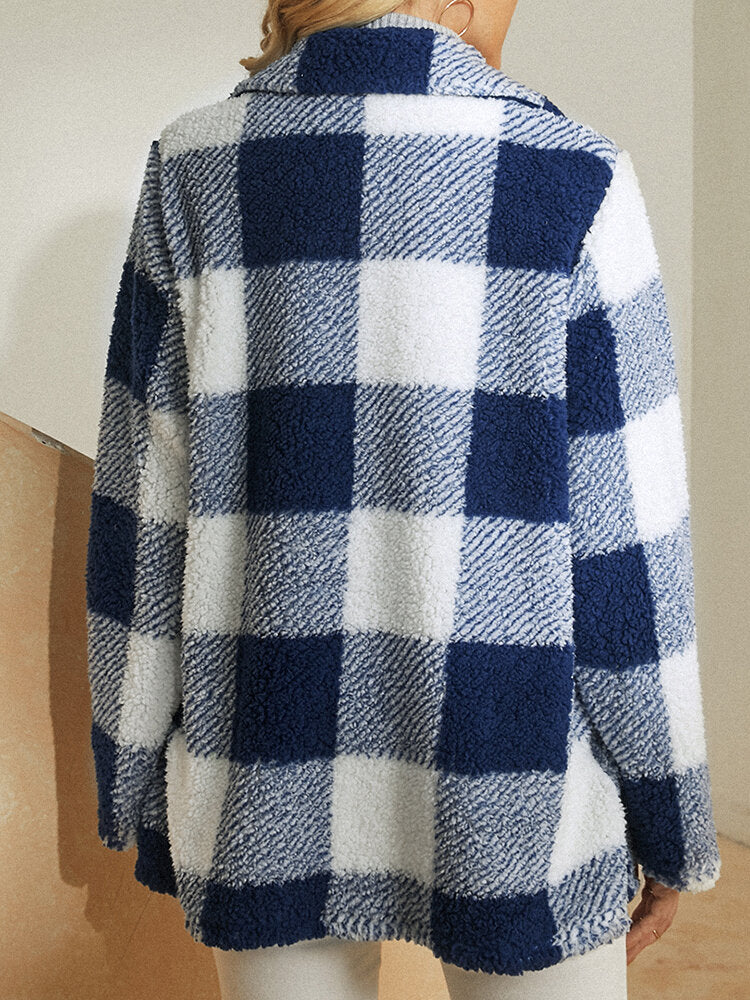 Women Plaid Warm Fluffy Plush Double Breasted Coat With Pocket