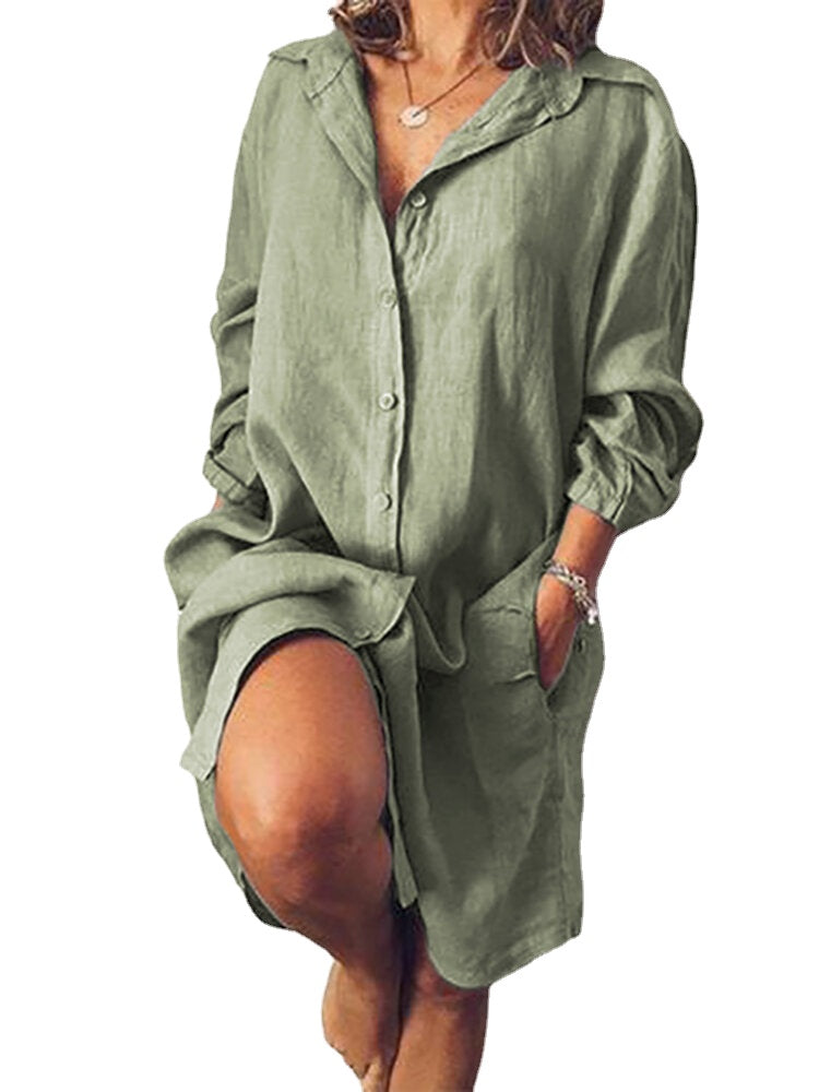 Women Loose Casual Long Sleeve V-neck Button Pocket Shirt Dress
