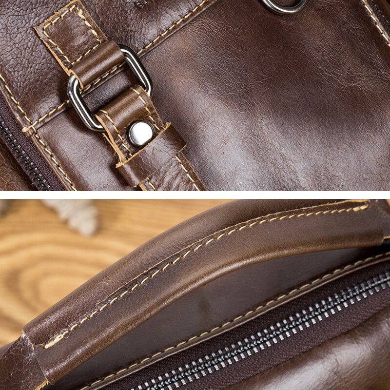 Men Genuine Leather Multi-pocket Crossbody Bag Vintage Keychain Design Shoulder