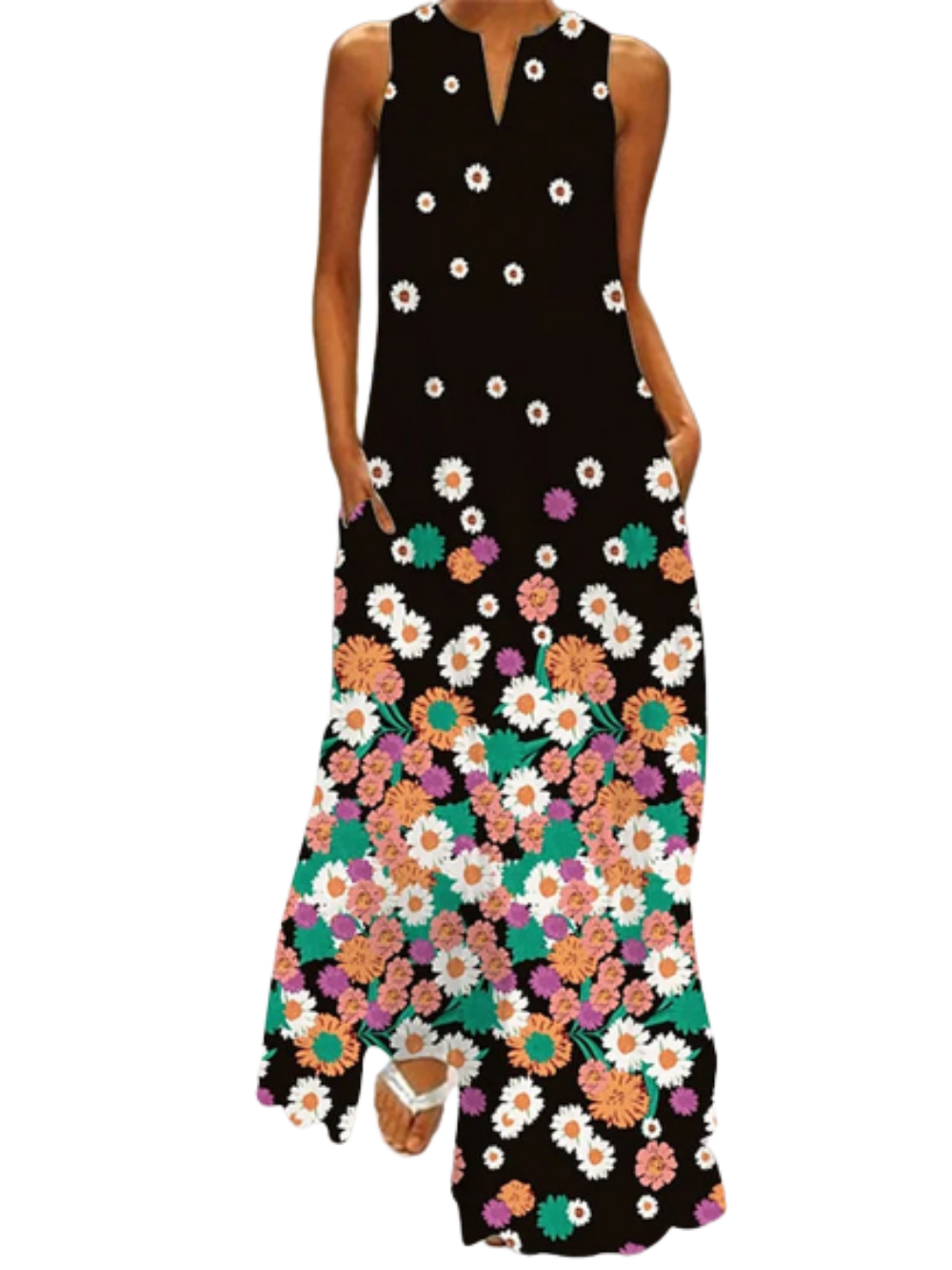 Women's Floral Print Pocket Sleeveless V Neck Long Dress - Maxi T shirt Dresses