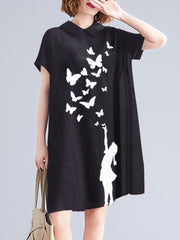 Figure Butterfly Pattern Pocket Short Sleeve Casual Midi Dress