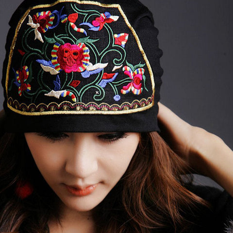 Women Cotton Floral Ethnic Embroidery Beanie Hat Elastic Breathable Turban Cap