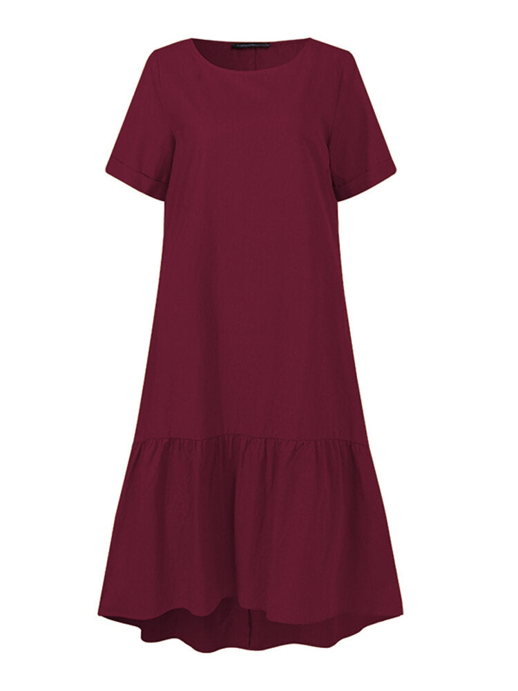 Cotton Women Solid Color Ruffles Round Neck Short Sleeve Casual Dresses