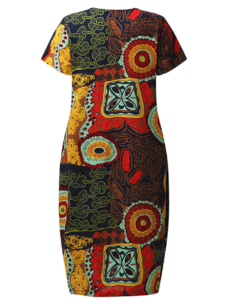 Cotton Women Pattern Printed Short Sleeve O-Neck Dresses