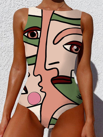 Women Abstract Figure Print Backless Wide Straps Slmming One Piece