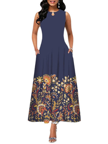 Women's Sleeveless Floral Crew Neck Casual Loose Fit Long Dress With Pocket