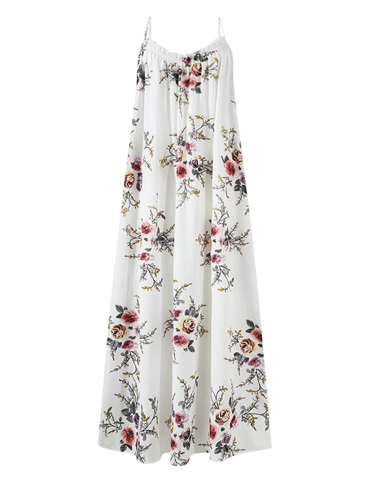 Chiffon Sleeveless Straps Loose Holiday Floral Summer Maxi Dress