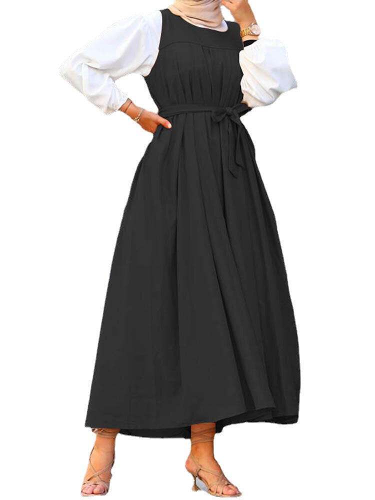 Women Sleeveless Solid Color Belted A-Line Casual Loose Slip Maxi Dress