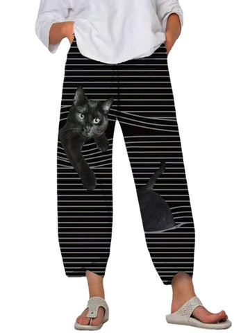 Women Black Cat Print Striped Elastic Waist Plus Size Casual Pants