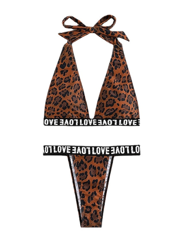 Women's Swimwear Bikini 2 Piece Normal Swimsuit Backless Printing Leopard Letter Brown Halter V Wire Bathing Suits New Vacation Fashion