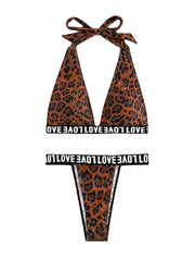 Women's Swimwear Bikini 2 Piece Normal Swimsuit Backless Printing Leopard Letter Brown Halter V Wire Bathing Suits New Vacation Fashion