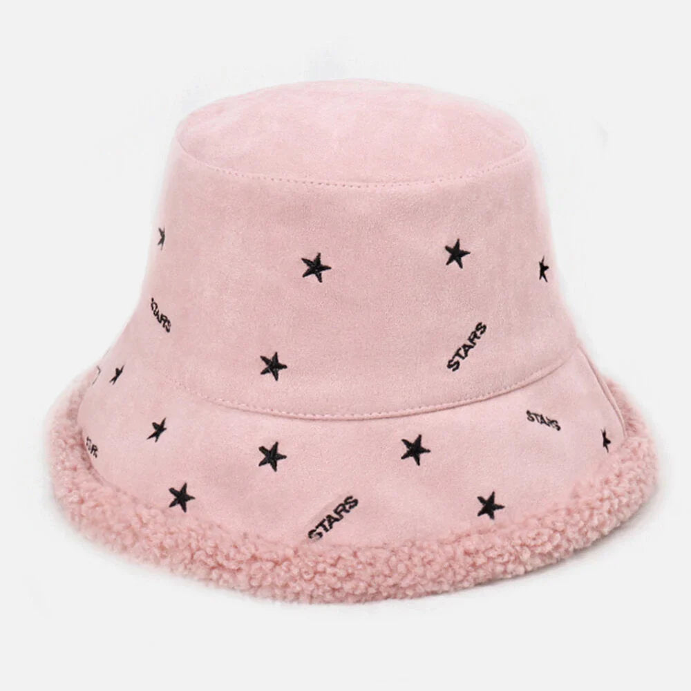 Women Cashmere And Suede Warm Soft Embroidery Stars Outdoor Bucket Hat