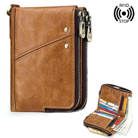 Men RFID Antimagnetic Wallet Genuine Leather 12 Card Slots Vintage Double Zipper Coin Bag