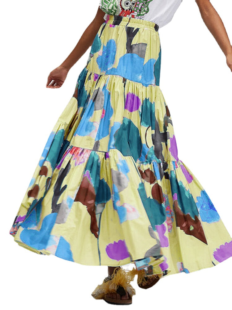 Women Colorful Floral Print Loose Elastic Waist A-Line Long Tiered Layered Skirt