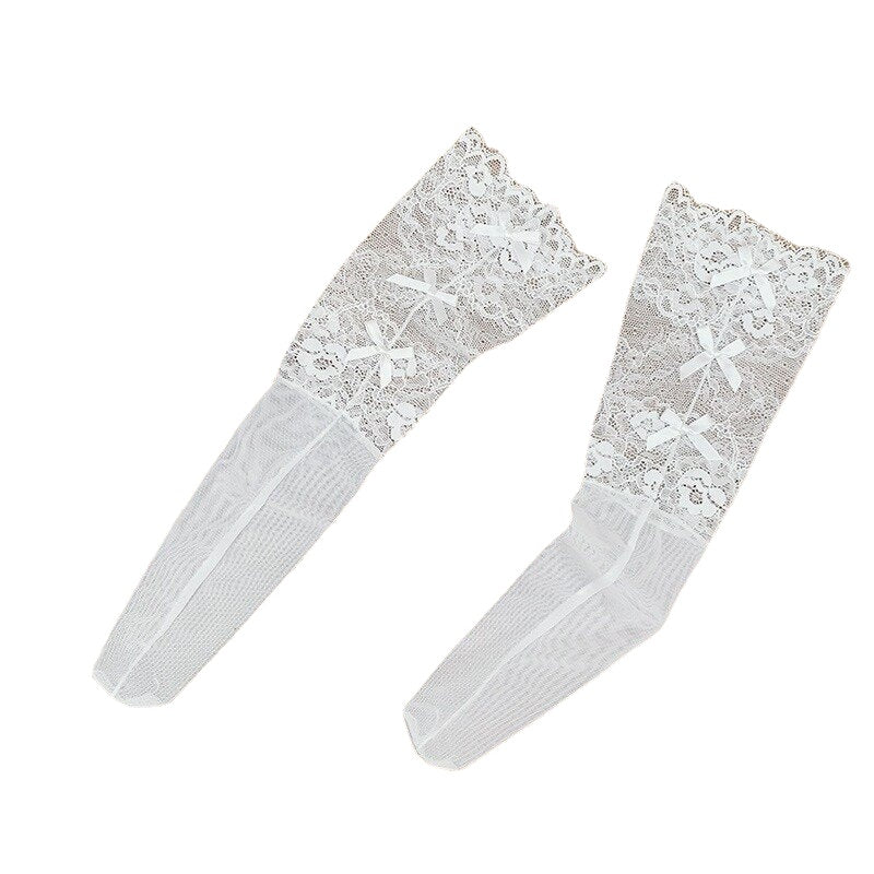 Women Summer Thin Lace Middle Tube Socks Silk Gauze Bow Socks