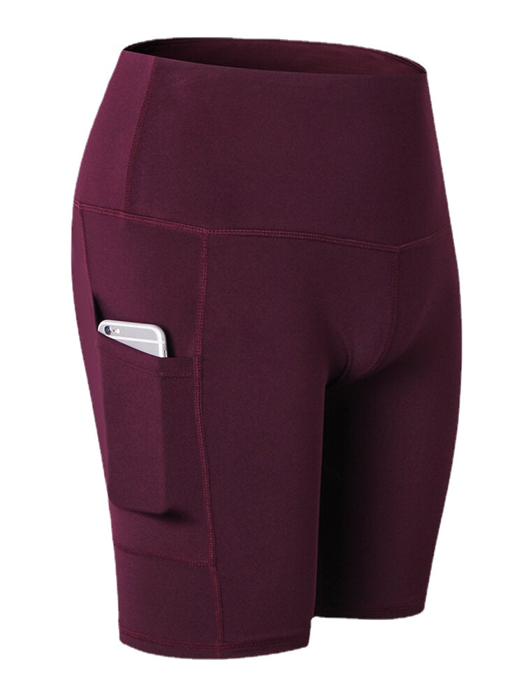 Women Solid Color Quick Dry Yoga Sport High Elastic Shorts With Side Pocket