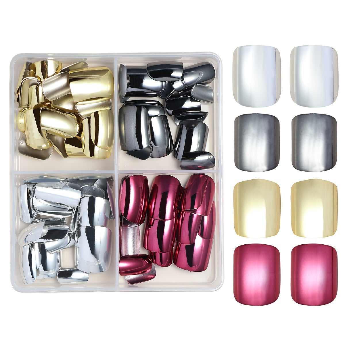 96 Pcs Short Square Mirror Chrome Press-On Nails Set - 4 Colors, Mini Files & Jelly Tabs