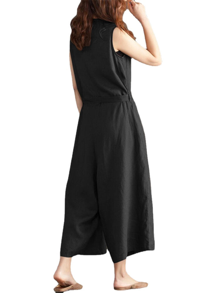 Women Wide Leg Cotton Solid Color V-Neck Sleeveless Jumpsuit with Pockets