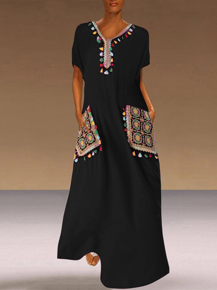 Women Print Loose V-neck Short Sleeve Long Maxi Dress