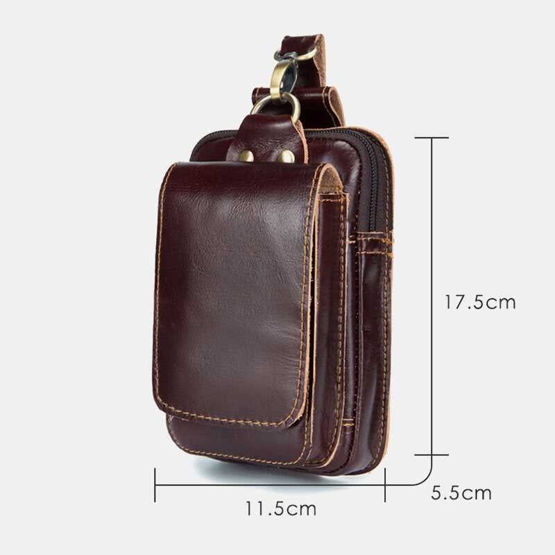 Men Genuine Leather Zipper Hasp Large Capacity Vintage 6.5 Inch Phone Bag Waist Bag