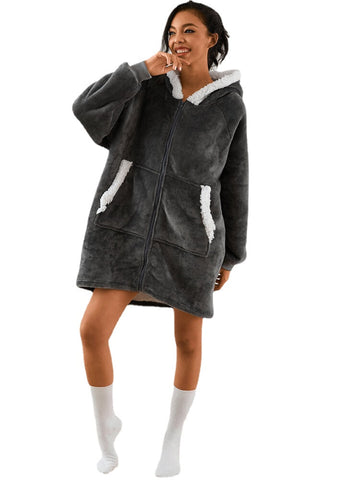 Women Zipper Kangaroo Pocket Plush Oversized Blanket Hoodie Warm Thicken Sleepwear Robes