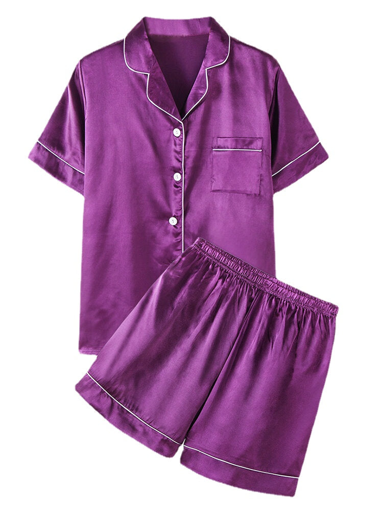 Plus Size Women Solid Color Revere Collar Smooth Home Casual Faux Silk Pajama Set