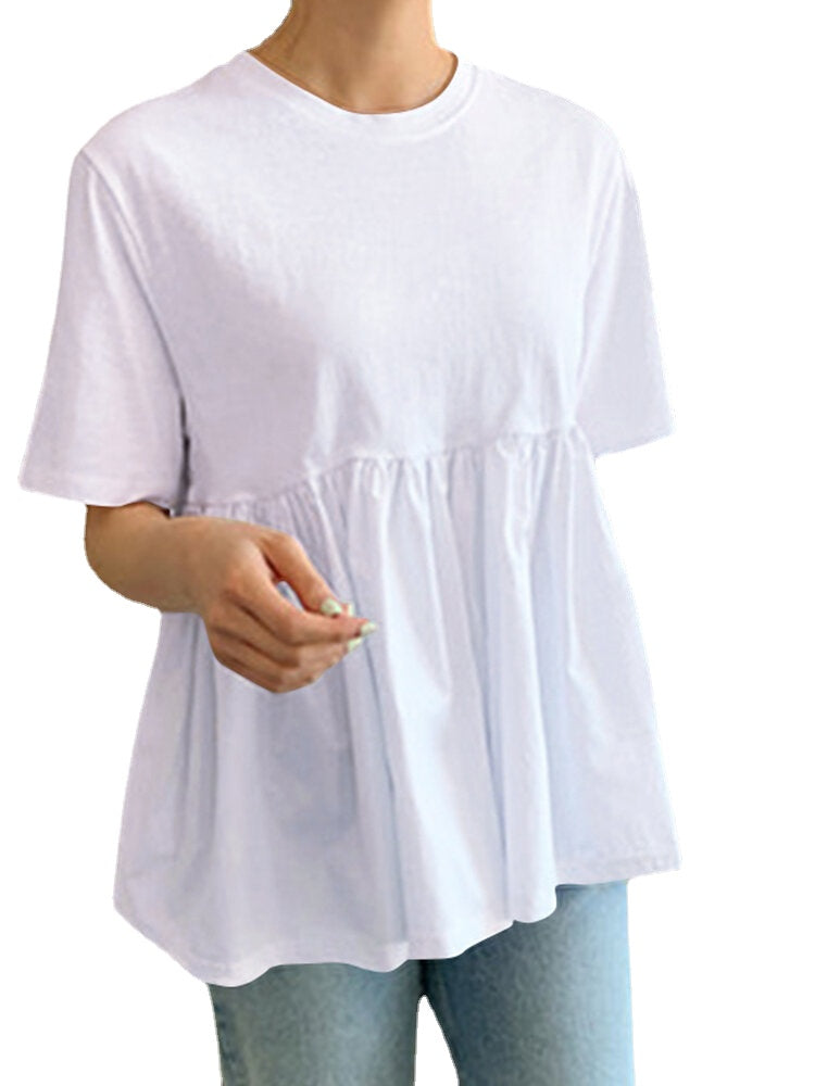 Solid Ruched Round Neck Short Sleeve Casual T-Shirt