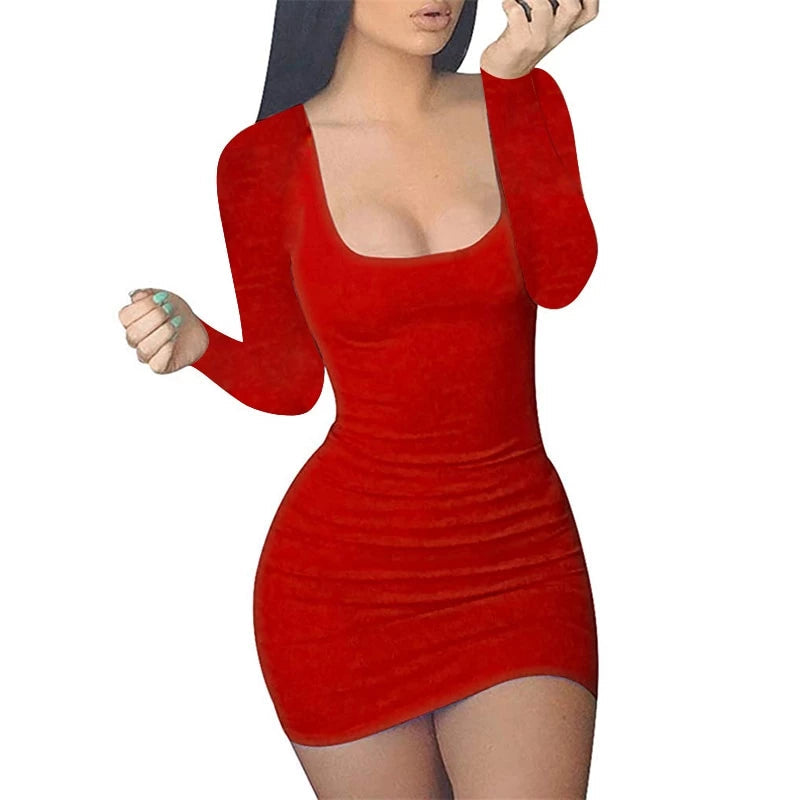 Sexy Ladies' Solid Color Knee Length Club Dress With Long Sleeve Or Sleeveless Type
