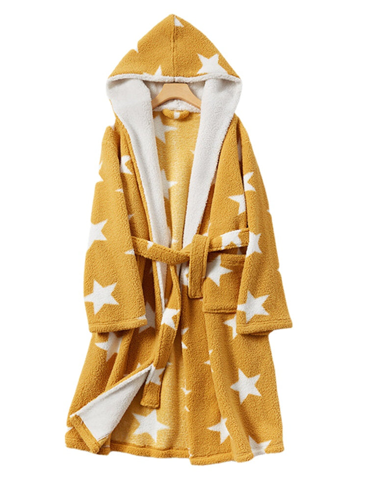 Women Star Print Fleece Thick Lace-Up Double Pockets Casual Home Warm Hooded Robes