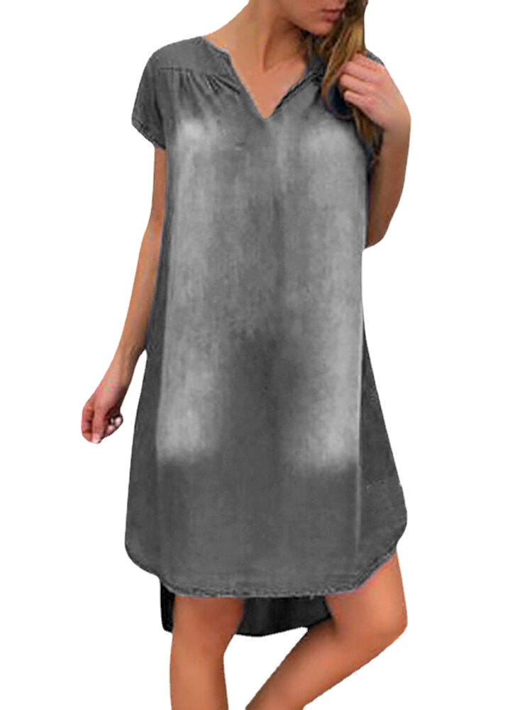 Women V-Neck Loose Irregular Hem Casual Demin Dresses