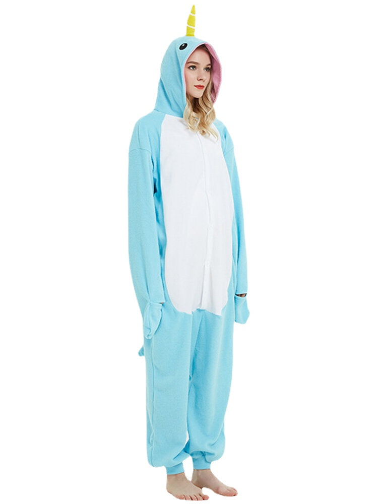 Women Cute Narwhal Patchwork Fleece Home Jumpsuit Loose Hooded Animal Jumpsuits