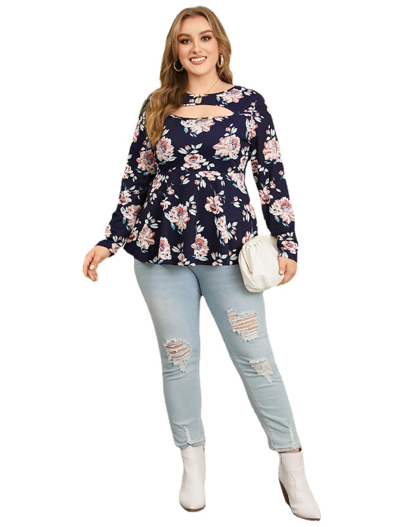 Plus Size Crew Neck Floral Print Cut Out Long Sleeves Tee