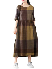 Women Plaid Print Round Neck Half Sleeve Casual Maxi Dresses With Pocket