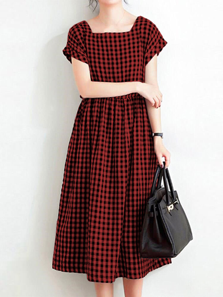 Women Squre Neck Plaid Calf Length Side Pockets Casual Midi Dresses