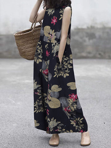 Women Cotton Plant Floral Print Side Pockets Sleeveless Casual Jumpsuits