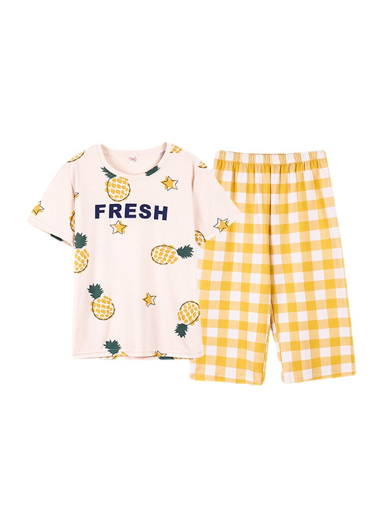 Plus Size Women Fruit Cartoon Print Ruffle Trims Short Sleeve Pajama Sets