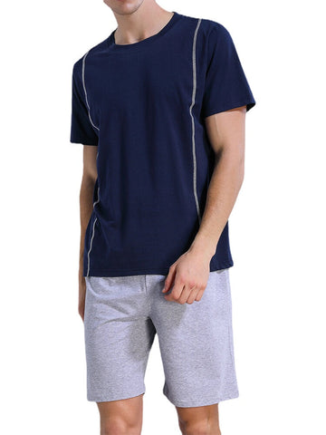 Men Solid Color Short Sleeve Crew Neck Blouse Pocket Shorts Home Sleepwear Two Pieces