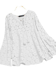 Plus Size Solid Color Lace Crochet Casual Blouse For Women