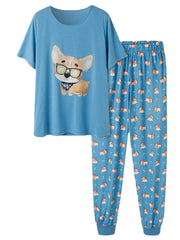 Women Cartoon Dog Print Short Sleeve Cute Cuffed Pants Pajamas Sets